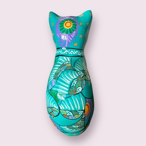 Vintage Hand Painted Ceramic Mexican Folk Art Talavera Cat Figurine With Flowers - Picture 6 of 14
